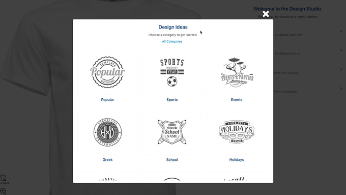 Screenshot showing the main design template categories in the Design Studio